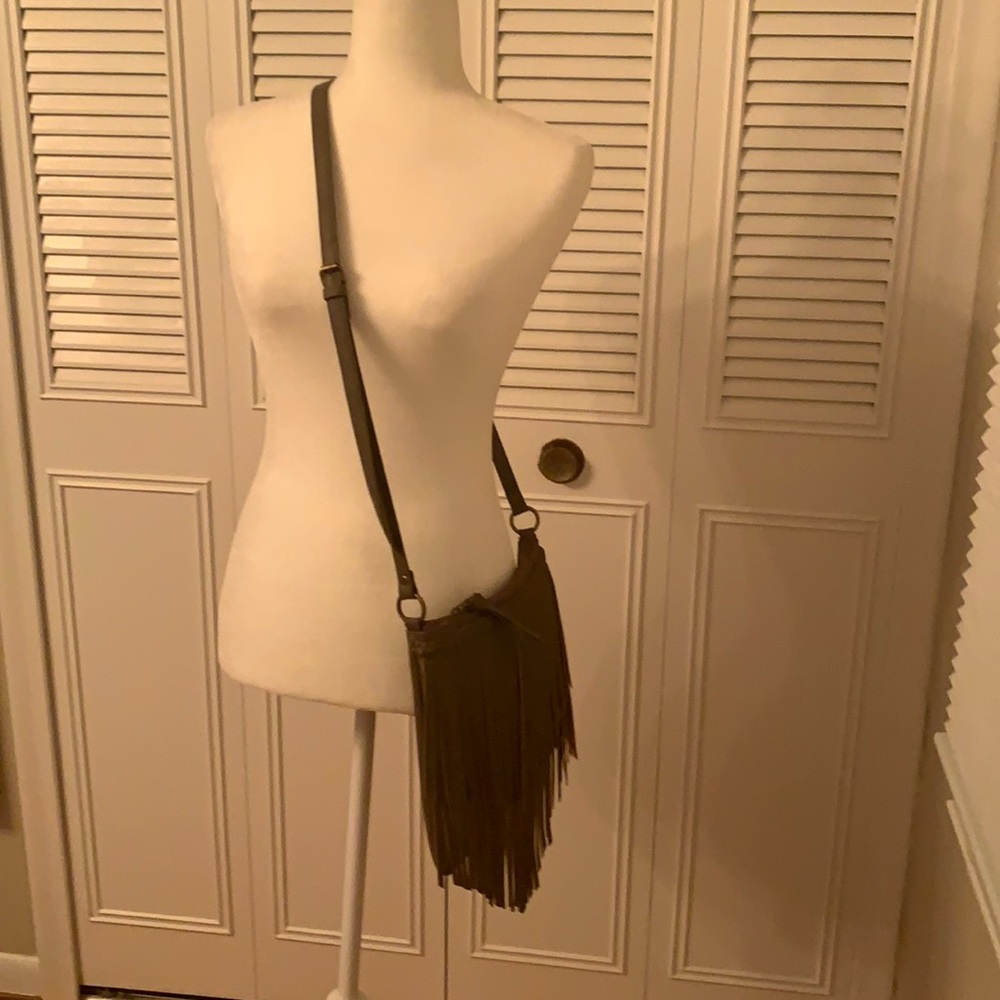 Taupe fringe cross body purse